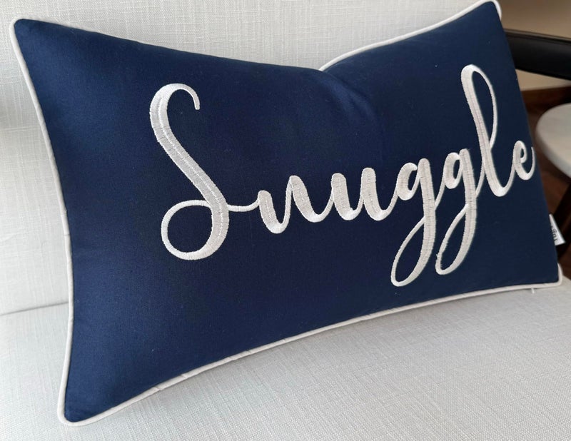 YugTex Romantic Couple Love Sentiment Embroidered Decorative Sayings Lumbar Accent Throw Pillowcase - Snuggle Phrase Decor for Wedding, Anniversary, Valentine - 12x20 Inches, Navy Blue - Image 2
